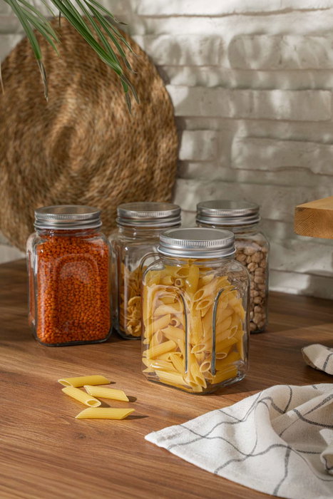 Hermia SHY6604LU Juego de 4 Tarros de Vidrio con Tapas Plateadas, 660 ml, Elegantes y Duraderos para la Cocina